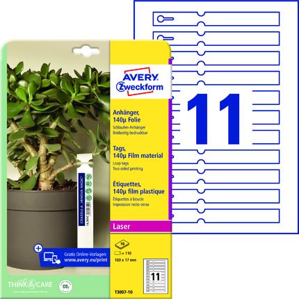 AVERY ZWECKFORM - Etykiety pętelkowe do roślin, A4, 10 ark./op., 160 x 17 mm, dwustronne, białe - T3007-10