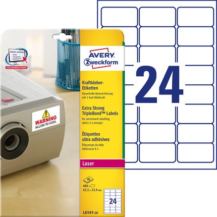 AVERY ZWECKFORM - Etykiety TripleBond™, A4, 20 ark./op., 63,5 x 33,9 mm, białe - L6141-20