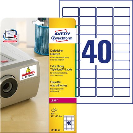 AVERY ZWECKFORM - Etykiety TripleBond™, A4, 20 ark./op., 45,7 x 25,4 mm, białe - L6140-20