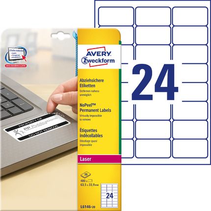 AVERY ZWECKFORM - Etykiety NoPeel™, A4, 20 ark./op., 63,5 x 33,9 mm, białe - L6146-20