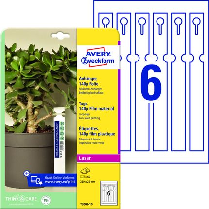 AVERY ZWECKFORM - Etykiety pętelkowe do roślin, A4, 10 ark./op., 250 x 25 mm, dwustronne, białe - T3008-10